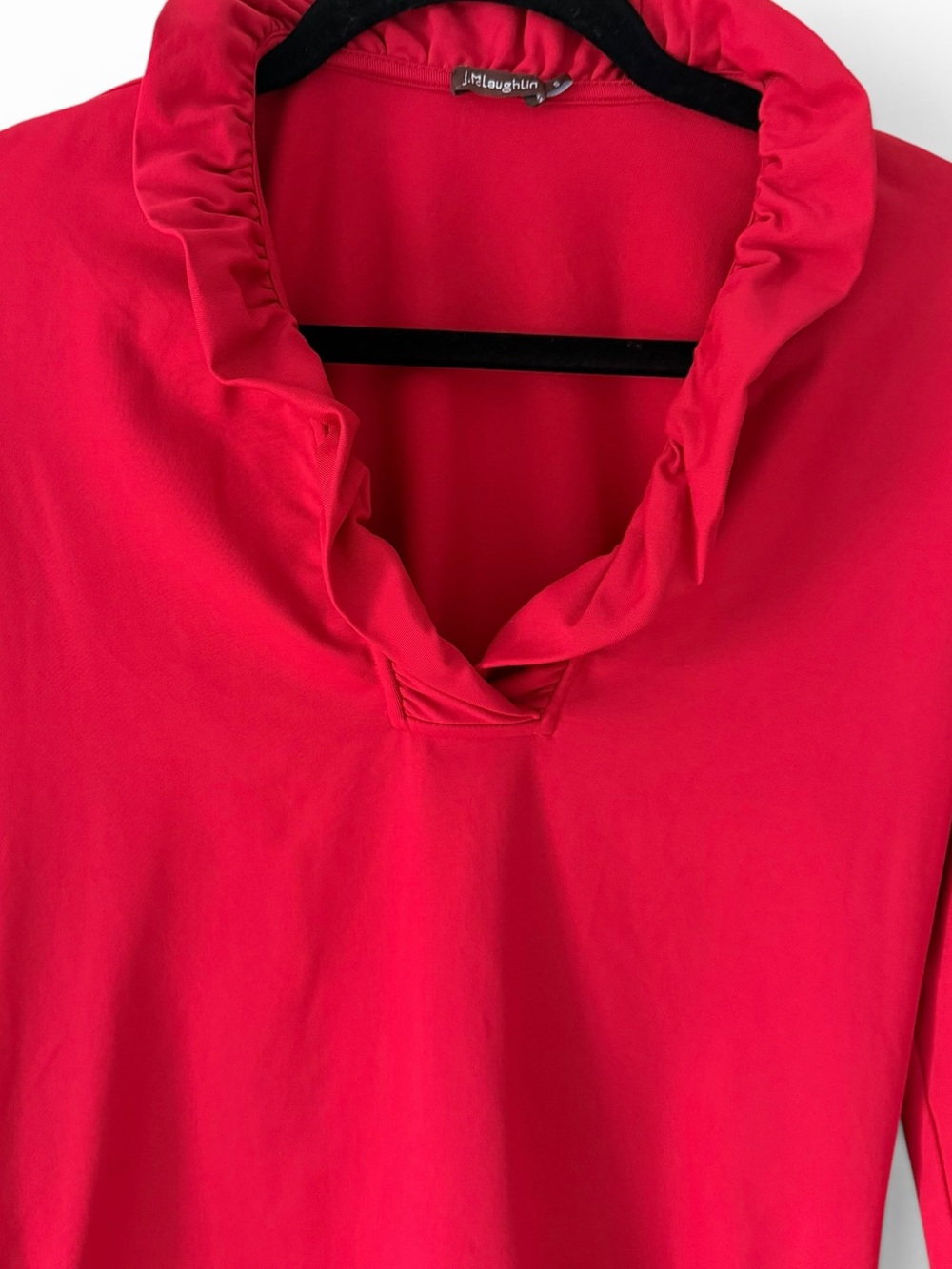 J. McLaughlin Red Ruffle Neck Top Size Small 3/4 Sleeve Stretch Knit - Picture 6 of 6